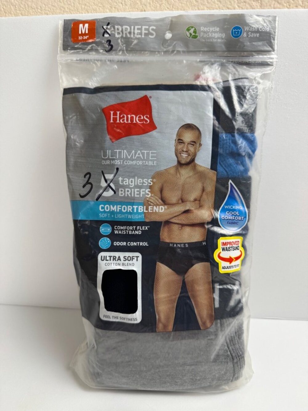 Hanes NEW Ultimate 3 Pack Tagless Briefs Size Med (32-34) ComfortBlend Grey Blue